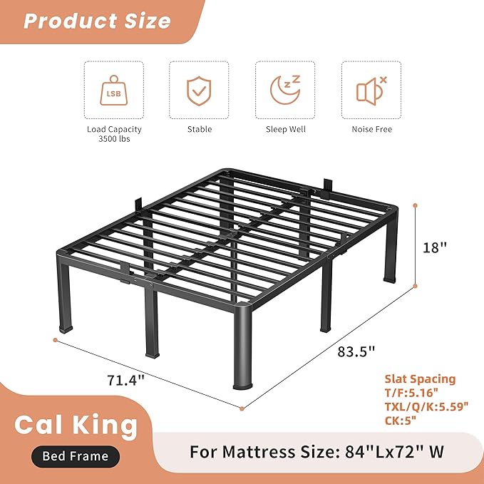 18 Inch California King Heavy Duty 3500 lbs Bed Frame with Round-Corner Legs & Anti-Squeak Design – Quick Assembly Metal Platform, No Box Spring Needed
