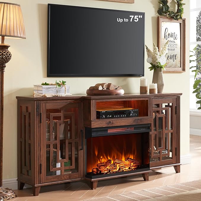 JXQTLINGMU Fireplace TV Stand for 75" TV, 32" Tall Farmhouse Entertainment Center with 26'' Electric Fireplace & LED Light, Rustic Media Console with 2 Large Storage Cabinets for Living Room, Brown