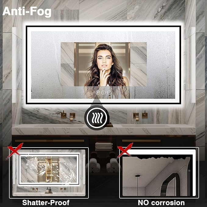 72x36 Bathroom Mirror With Lights - Black Aluminum Framed (Front and Backlit), Anti-Fog LED Lighted Bathroom Mirror,Stepless Dimmable Vanity Mirror,3 Colors Smart Mirror(Horizontal/Vertical)