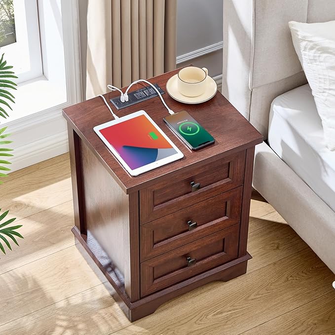 SOOWERY Dresser for Bedroom, Farmhouse Dresser with 3 Wooden Drawers and Storage Cabinet, 25 Inches Tall Side Table Chest of Drawers for Bedroom, Living Room, Hallway, Dark Cherry