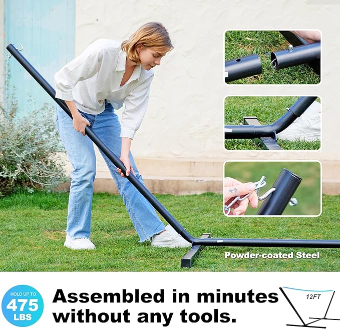 Waterproof Double Hammock with Stand for Outside Heavy Duty, 2 Person 55'' Large Quick Dry Textilene Hammocks with Hardwood Spreader Bar, Pillow, Side Pocket, 475lbs Capacity (Sky Blue)