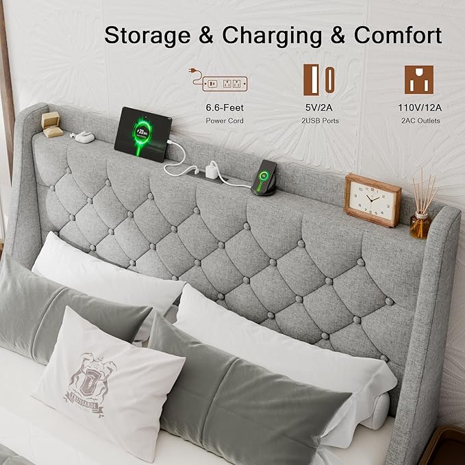 Queen Bed Frame with 4 Storage Drawers, Upholstered Bed Frame with Large Wingback Headboard, Charging Station, No Box Spring Needed, Light Grey