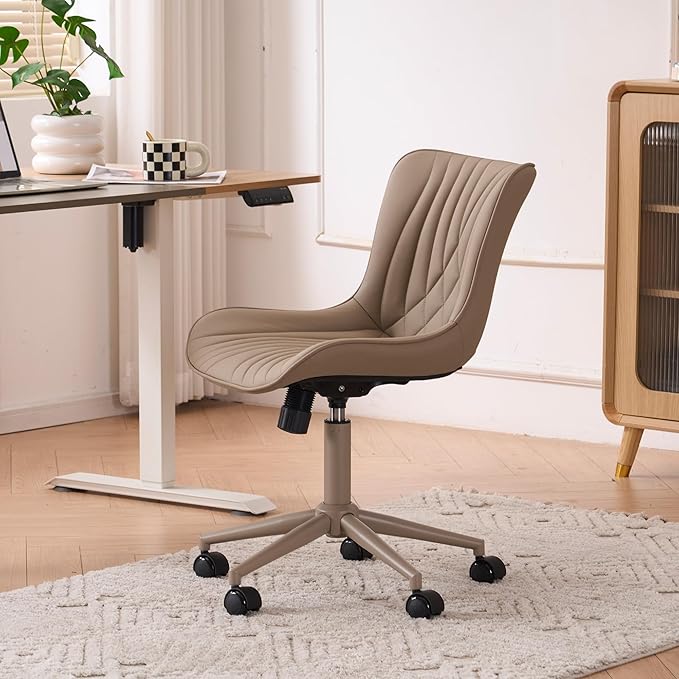 YOUTASTE All Khaki Office Chair, Modern Armless Desk Chair with Back, Adjustable Swivel Rolling Faux Leather Task Chair with Wheels Metal Base for Home Office, Study, or Vanity