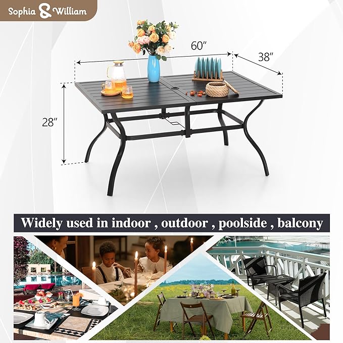 Patio Outdoor Table and Chairs Set with Umbrella Beige, Patio Dining Sets for 6, 7 Pieces Patio Table Set Clearance for Backyard Deck Porch Outside, Metal Table with Hole & Cushioned Rattan Chairs