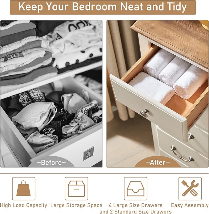 RedLemon 48" Tall Dresser for Bedroom, Modern 6 Drawers Dresser with Vintage Styles Pulls, Wood Rustic Closet Chest of Drawers for Living Room, Hallway, Antique White