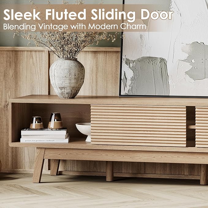 59" TV Console, Mid Century Modern Media Console for 55/60/65 Inch TV, Low Profile TV Stand with Fluted Sliding Doors, Boho Light Wood Credenza for Living Room, Oak