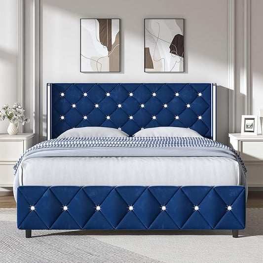 HOMBCK Queen Size Bed Frame with Headboard, Blue Queen Bed Frame with Wingback, Upholstered Bed Frame with Diamond Headboard, Wood Slat Support, No Box Spring Needed, Easy Assembly