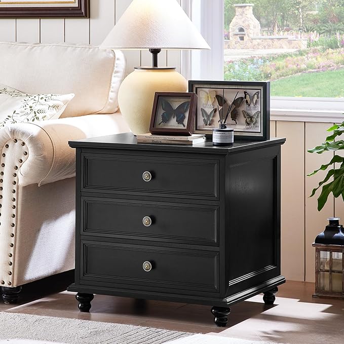 24" Wide Farmhouse Night Stand Set of 2,Large End Table with 3 Drawers & Metal Handle,Wood Dresser for Bedroom Cabinet, Bed Side Table Chest of Drawers,Nightstand for Living Room,Closet,Black