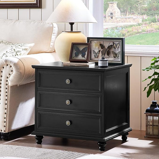 24" Wide Farmhouse Night Stand,Large End Table with 3 Drawers & Metal Handle,Black Dresser for Bedroom, Bed Side Table Chest of Drawers Cabinet,Wood Nightstand for Living Room,Closet
