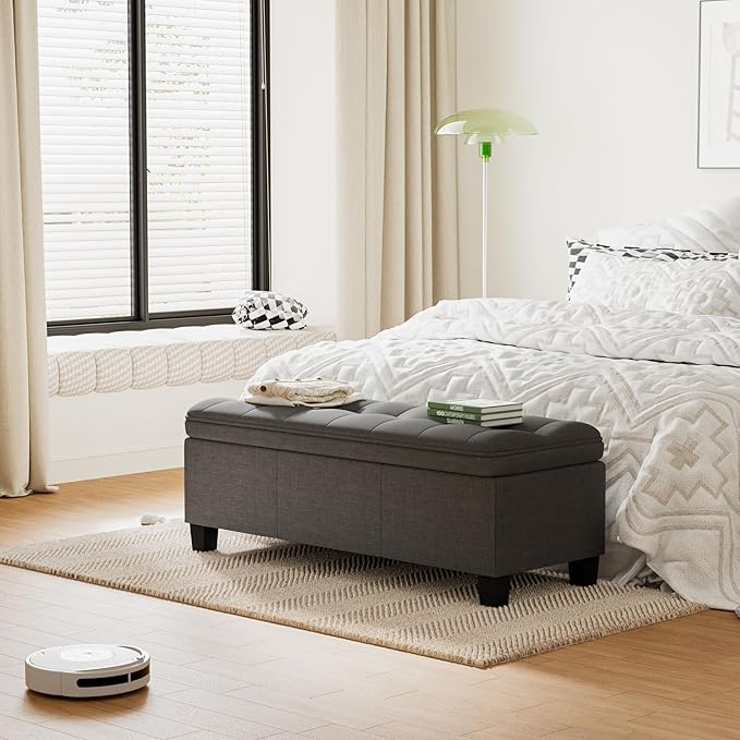 JUMMICO 47 Inches Storage Ottoman with Legs, End of Bed Bench, Foot Rest for Couch, for Living Room, Bedroom, Entryway, 17.3" D x 47.2" W x 18.5" H, Easy Assembly (Dark Gray)