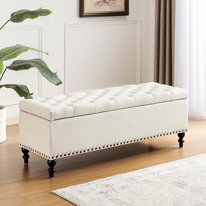 Storage Ottoman 50.2 Inches Upholstered Fabric Storage Ottoman Bench，Button Tufted Ottoman with Storage for Living Room，Bedroom End of Bed Bench Withstands 304lbs