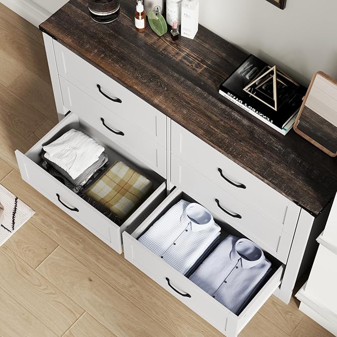 Loomie Farmhouse 6 Drawers Double Dresser for Bedroom, Modern White Dresser Chest of Drawers, Wide Dressers Organizer, Accent Storage Cabinet for Closet, Living Room, Hallway, Antique White