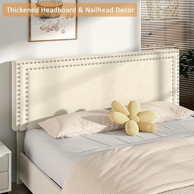 VECELO Full Size Upholstered Platform Bed Frame with 4 Storage Drawers, Adjustable Velvet Headboard Nailhead, Wooden Slats Support, No Box Spring Needed, Easy Assembly