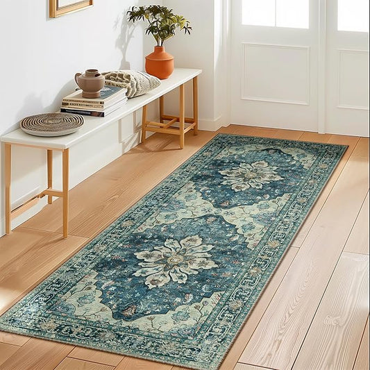 Area Rugs 2'x6' Washable Non-Slip, Floral Vintage Distress Print Pattern Medallion Carpet for Living Room Bedroom Dining Room, Dark Blue Vintage