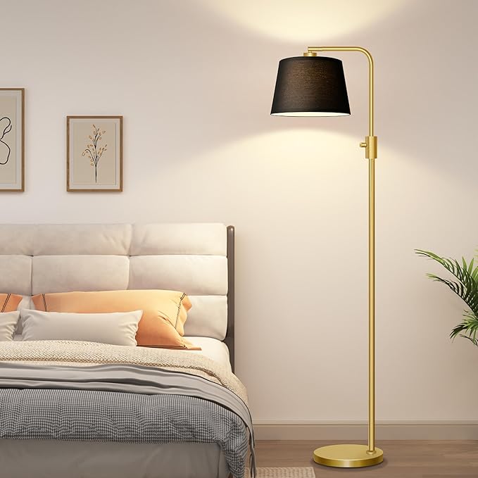 Nintiue Dimmable Gold Floor Lamp, 1000 LM LED Edison Bulb Included, Arc Floor Lamps for Living Room with Black Shade, Modern Standing Lamp Tall Lamps for Living Room Bedroom