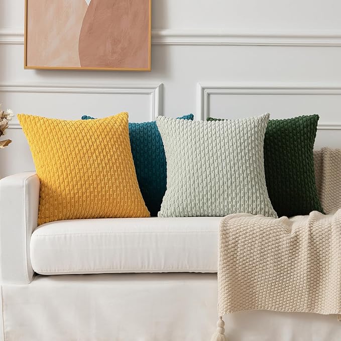 Kevin Textile Set of 2 Decorative Pillow Cover Solid Striped Corduroy Plush Velvet Cushion Cover for Couch Machine Washable Pillowcase 50cm 20 x 20 Inch Yellow