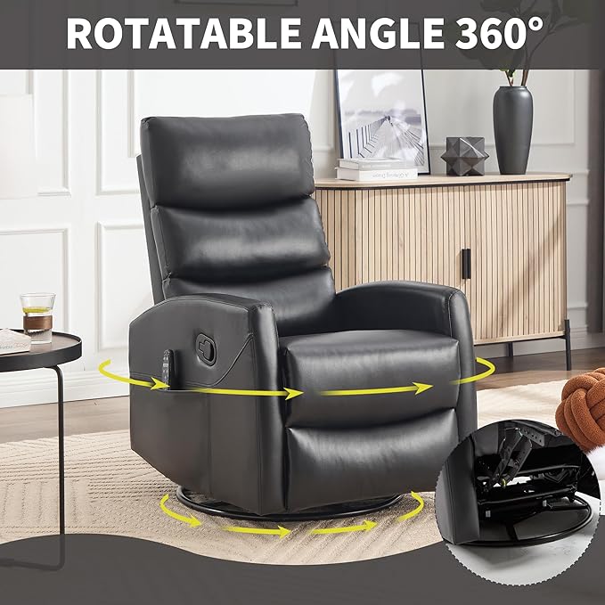 PELUMY Massage Recliner Chair with Heat - Manual Rocker Swivel Recliner, 360° Rotation & 155° Recline for Living Room（Breathable Leather, Black）