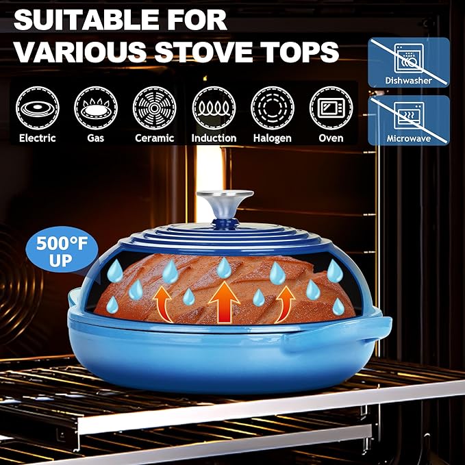 TeamFar Cast Iron Bread Dutch Oven, 6 Qt Enameled Dutch Oven Pot for Sourdough Bread Baking, with Tall Dome Lid & Round Base Pan, Self-Basting & Even-Heating, Heavy-Duty & Non-stick, Blue