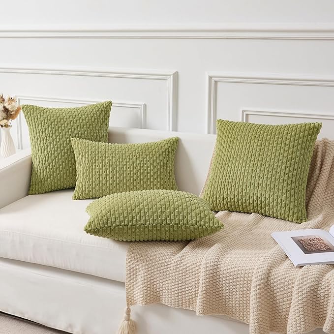 Kevin Textile Decorative Pillow Covers Set of 2 Striped Plush Corduroy Pillows Pillowcases Boho Home Decor Cushion Covers for Couch Sofa Bed Living Room 18x18 Inch, Grass Green