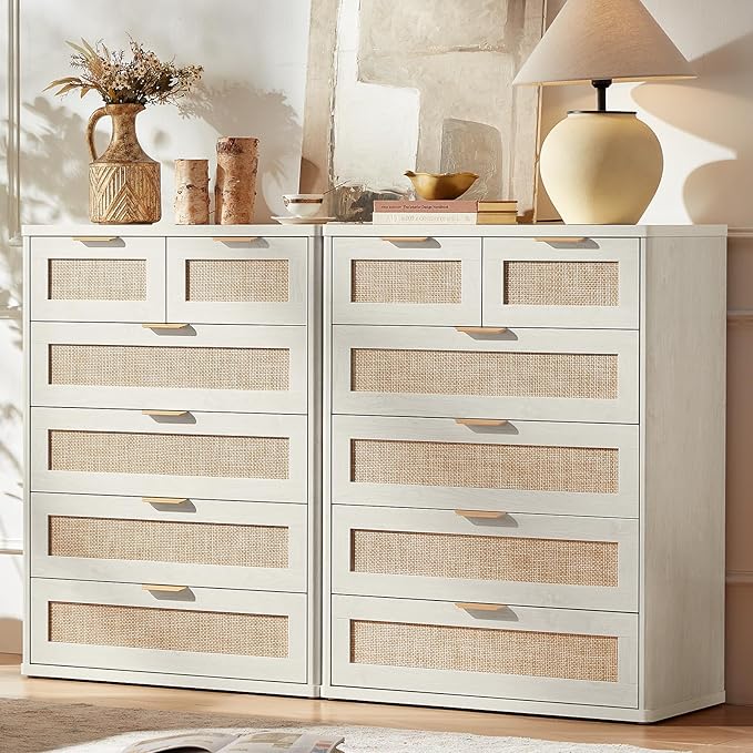 LEYAOYAO White Dresser for Bedroom Set of 2, 41" Tall Chest of Drawers, Modern 6 Drawers Boho Rattan Dressers with Storage, Dresser Wooden Closet Organizer for Living Room, Hallway