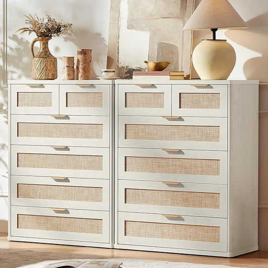 LEYAOYAO White Dresser for Bedroom Set of 2, 41" Tall Chest of Drawers, Modern 6 Drawers Boho Rattan Dressers with Storage, Dresser Wooden Closet Organizer for Living Room, Hallway
