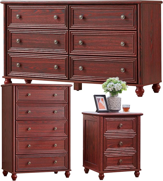 Farmhouse Dressers & Night Stand Set of 3, Wood 54" Wide Dresser & 45" Tall Chest of Drawers, 18" Roman Column Nightstand, Bedroom Furniture 6 Drawer Dresser Set for Bedroom Home Living Room Hallway