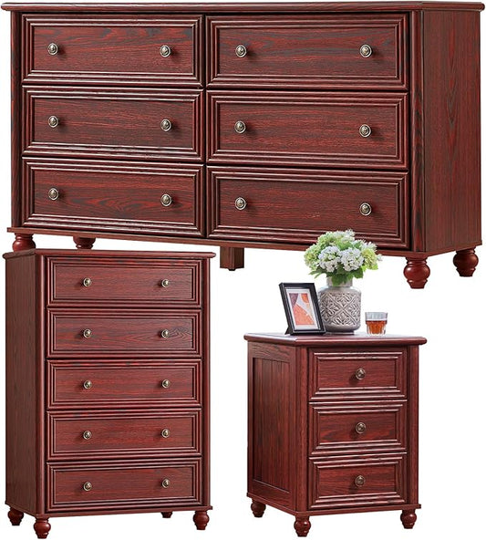 Farmhouse Dressers & Night Stand Set of 3, Wood 54" Wide Dresser & 45" Tall Chest of Drawers, 18" Roman Column Nightstand, Bedroom Furniture 6 Drawer Dresser Set for Bedroom Home Living Room Hallway