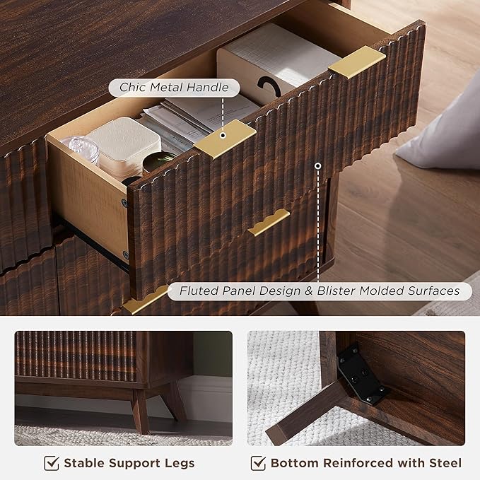 T4TREAM Fluted 6 Drawers Dresser, 54" Wide Modern Chest of Drawers, Curved Profile Design, Dresser TV Stand, Wood Drawer Organizer for Bedroom, Living Room, Hallway, Dark Walnut