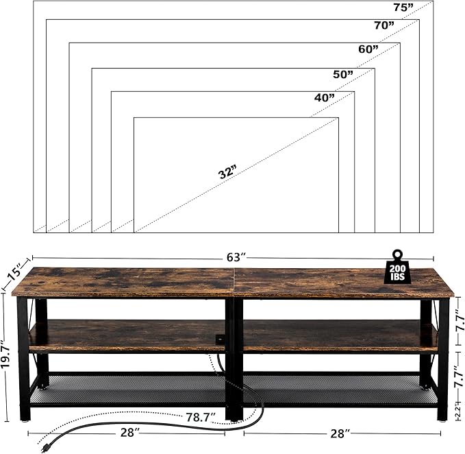 Clikuutory Modern Brown 63 inch Metal TV Stand with LED Lights and Power Outlets for 40 50 55 60 65 70 Inch TVs, 3 Tier Television Stands with Entertainment Center and Storage for Living Room, Bedroom