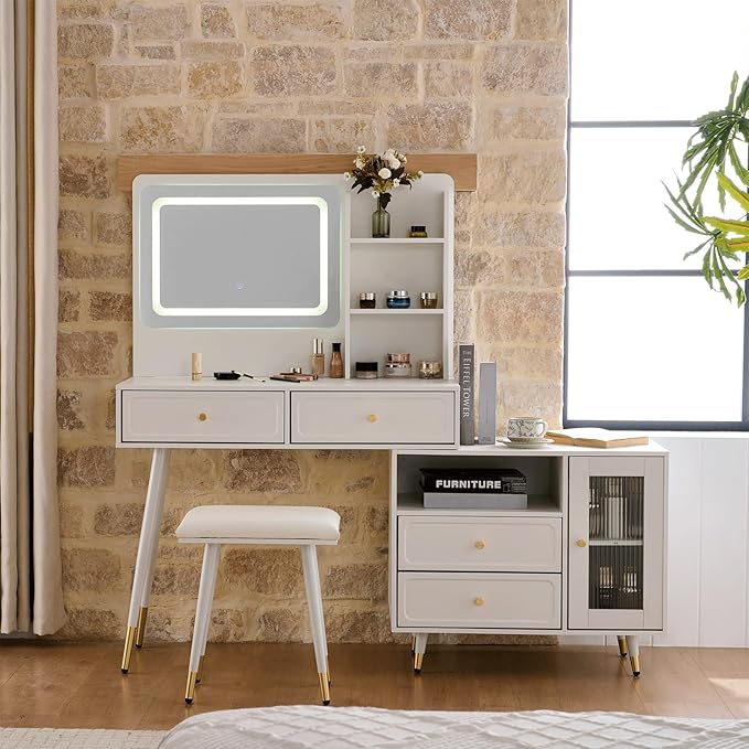 Modern Makeup Vanity Desk with Mirror and Lights,Retractable Dressing Table with Drawers and Cabinets,Makeup Table Set for Bedroom