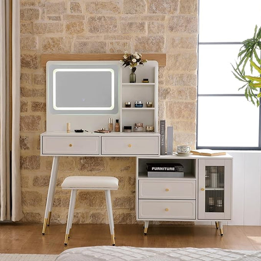 Modern Makeup Vanity Desk with Mirror and Lights,Retractable Dressing Table with Drawers and Cabinets,Makeup Table Set for Bedroom