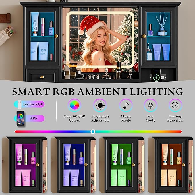 Vanity Desk with HD Lighted Mirror & Power Outlet, Farmhouse Makeup Vanity Table Set with Storage Drawers & RGB Cabinets, Large Dressing Table with 3 Lighting Modes for Women Girls Kids Bedroom, Black