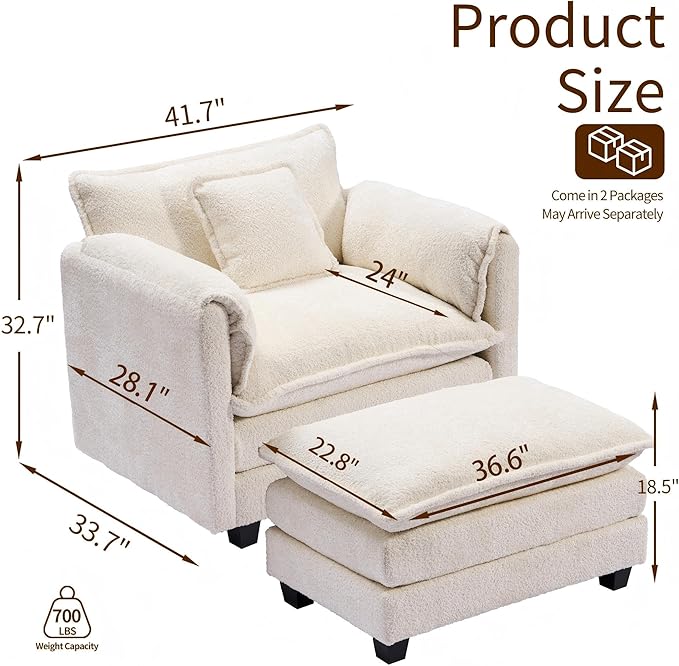 SweetGO corporation 42'' Plush Chaise Lounge Chair Indoor Single Sofa Accent Chair with Ottoman for Living Room/Bedroom, Modern Couch for Reading