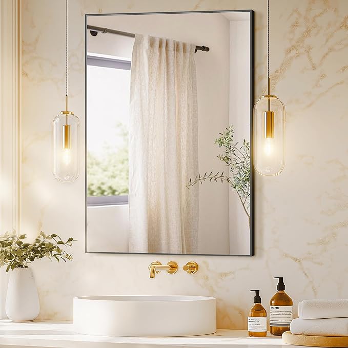 Bathroom Vanity Mirror for Wall, 36" x 24" Metal Framed Rectangular Bathroom Wall Mirror for Over Sink, HD Shatterproof Glass, Hangs Horizontally or Vertically(Black)