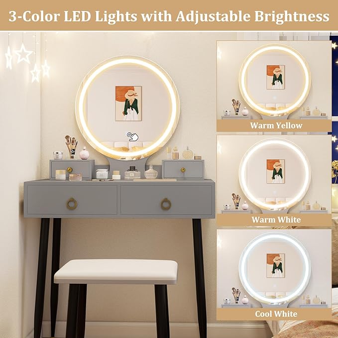 CHARMAID Vanity Desk with Mirror and Lights, Makeup Vanity with 4 Storage Drawers, 3 Lighting Modes, Adjustable Brightness, Modern Vanity Dressing Table with Stool for Bedroom, Gray & Black