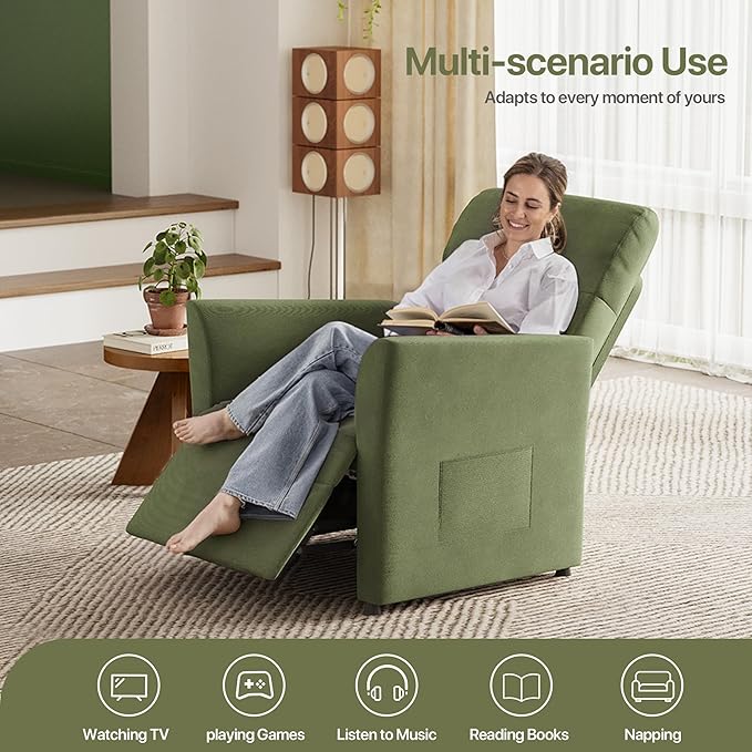 Claiks Power Recliner Chair for Adults, Adjustable Reclining Chair, Comfortable Recliner Couch with Side Pockets&Wire Remote Control, for Living Room, Home Theater, Bedroom, Linen Fabric, Green