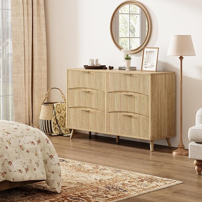 55" Wide Fluted 6 Drawer Dresser, Mid Century Modern Curved Dresser, Light Wood Chest of Drawers for Bedroom, Living Room and Entryway, Natural Oak