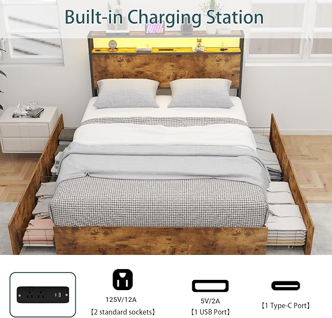 LED Full Size Bed Frame with Storage Wooden Headboard, Metal Platform Bed Frame Full Size with 4 Storage Drawers, Adjustable LED Lights, Charging Station, Noise Free, Easy Assembly, Brown