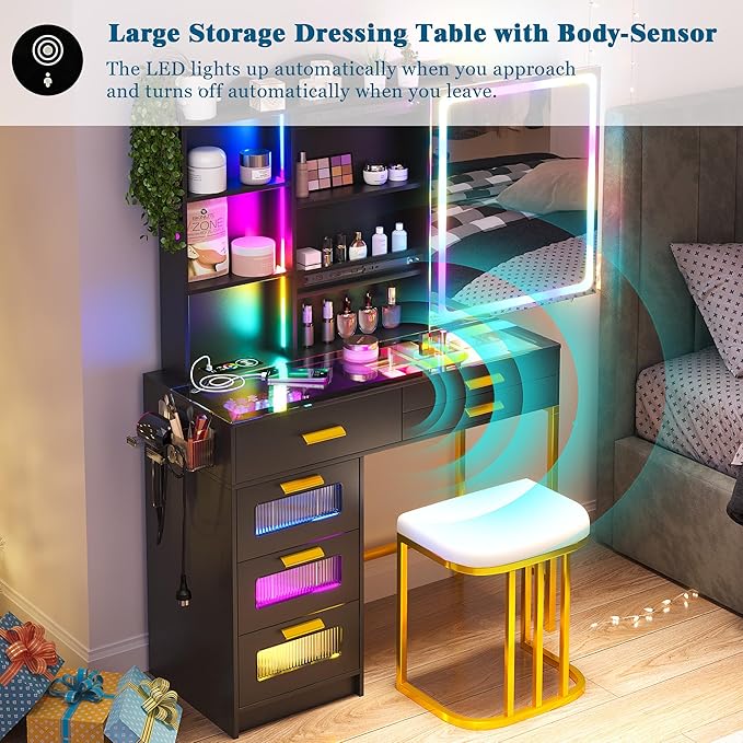 RGB Vanity Desk with Sliding Mirror and Lights, LED Makeup Vanity with Charging Station, Glass Top Dressing Table Set with Jewelry Organizer,6 Drawers,Stool,Shelves for Bedroom (Black)