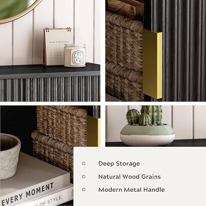 Fluted Floating TV Stand Set of 2, 30" Multi-Purpose Modern TV Display Shelf Console Entertainment Center Cabinet with Sliding Doors for Bedroom Living Room Entryway, Black