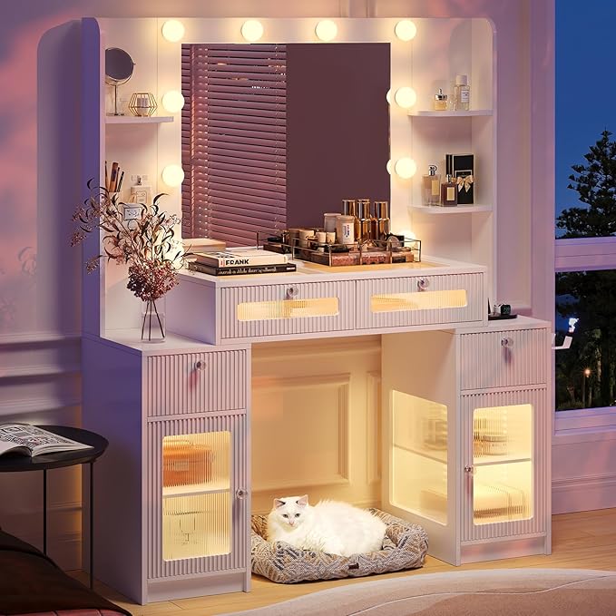 Vanity Desk with Mirror and Lights 3 Colors, 47" Glass Top Fluted Makeup Vanity Desk with Lights & Power Outlet for Bedroom, Dressing Table with 4 Lighted Drawers and 2 storage cabinets, White