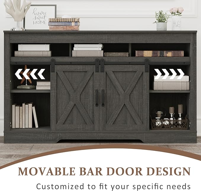 Farmhouse TV Stand for 65+ Inch TV, 34'' Tall Entertainment Center with Sliding Barn Doors, Rustic Wood Media Console Storage Cabinet Television Stand for Living Room, Bedroom (Dark Grey)