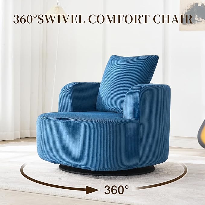 Furnimart 360° Swivel Barrel Accent Chair, Round Upholstered Comfy Lounge Chair, Corduroy High-Resilienc Foam Single Sofa, No Assembly Wide Seat for Living Room, Bedroom, Apartment (Blue)