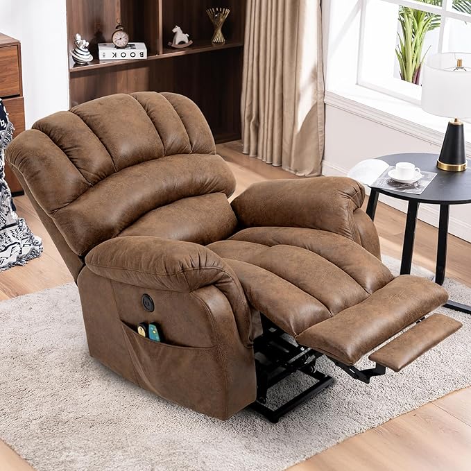 MEETWARM Large Power Lift Electric Recliner Chair with Extended Footrest for Elderly, Big and Tall Lift Chair for Seniors Reclining Chair for Living Room with Massage and Heated,USB Ports(Brown)