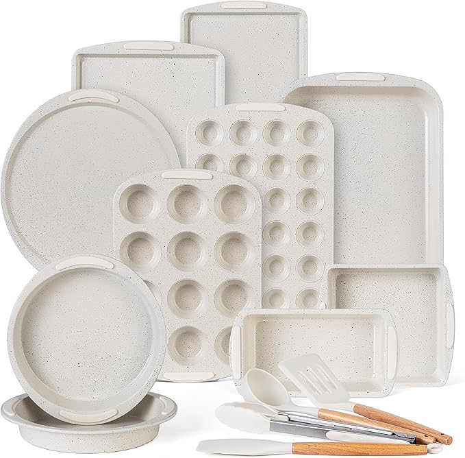 Country Kitchen Nonstick Stackable Bakeware Set - Durable, Easy Release Baking Set, Cream, 14 Pcs