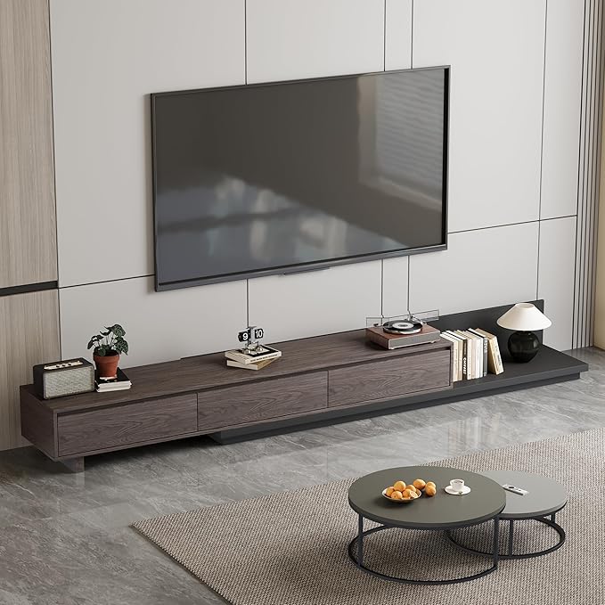 78.7–130" Extendable TV Stand with 3 Drawers - Mid-Century Modern Adjustable Entertainment Center, Perfect for Living Room, Black Walnut
