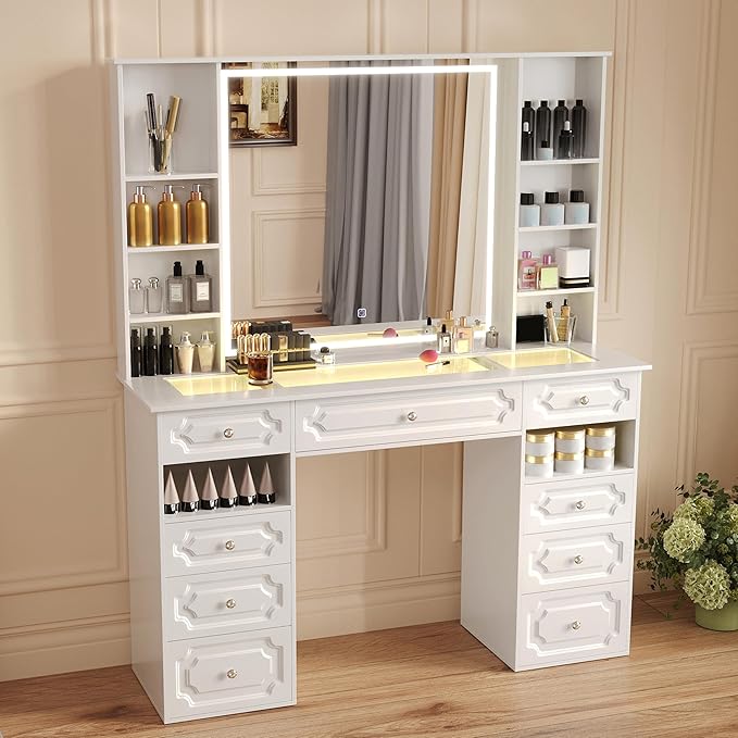 Vanity with Mirror and Light, Vanity with Glass Top and 9 Drawers, Dresser Set with Storage Bench, Adjustable Brightness Dresser (White, Glass Table-B)