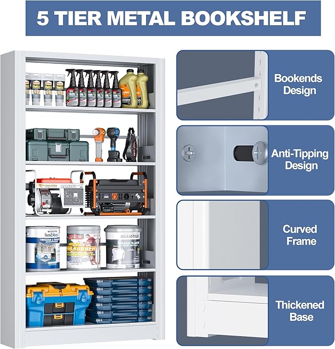 Heavy Duty 5-Tier Metal Bookshelf, Industrial Tall Book Shelf with Adjustable Shelves, 280lbs Shelf Capacity, Large Office Bookcase, Display Book Organizer for Living Room Bedroom Library -69”H, White
