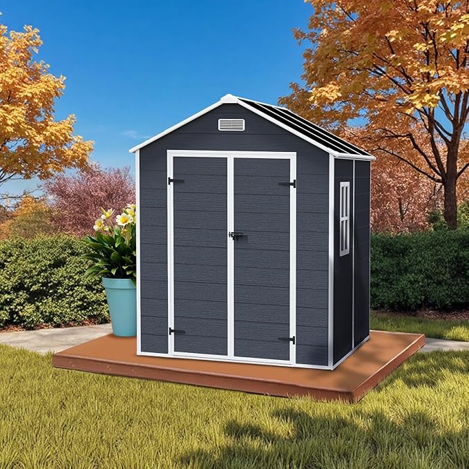 6' x 6' Resin Storage Shed Outdoor, PP Material & Strong Structure for All Weather, Plastic Garden Shed w/Window for Garden, Backyard, Poolside and Lawn, 15mm Thick PP Board - Dark Grey