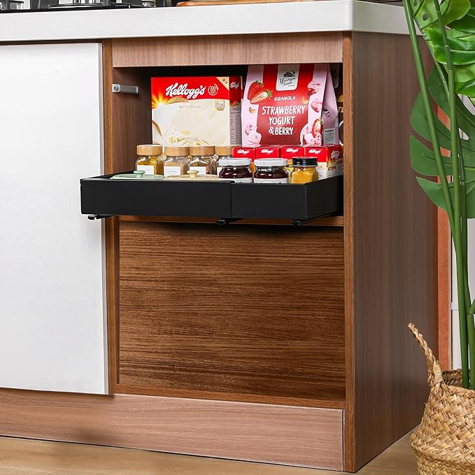 Pull Out Cabinet Organizer – Adjustable Sliding Shelf Inserts for Cabinets - Expandable Shelf Organizer from 12.6" to 20.5" – No Drill or Screw Install (Black, 1 Pack)
